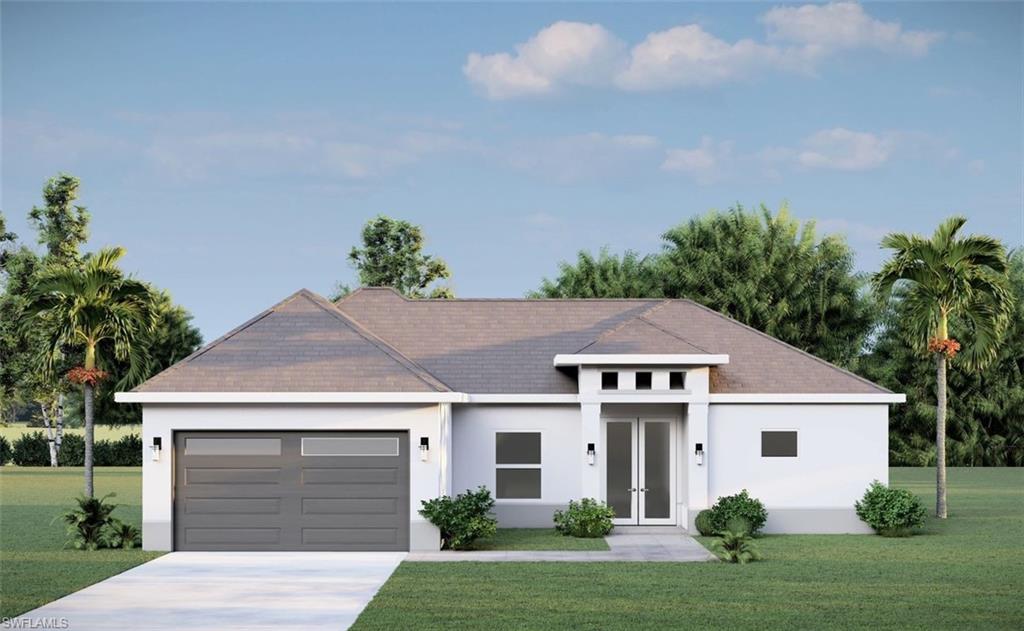 a front view of a house with a yard and garage