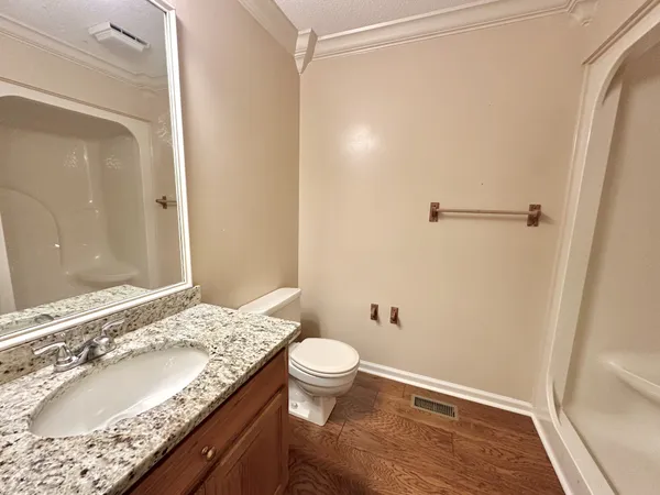 a bathroom with a granite countertop sink toilet and shower