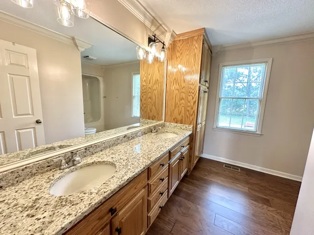 a bathroom with a granite countertop double vanity and a large mirror