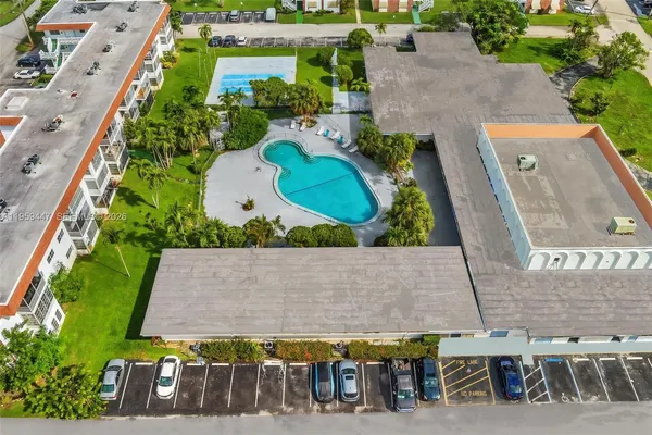 an aerial view of a swimming pool