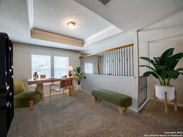 a living room with furniture and a potted plant