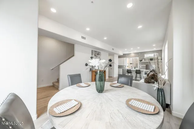 a view of a dining room with furniture