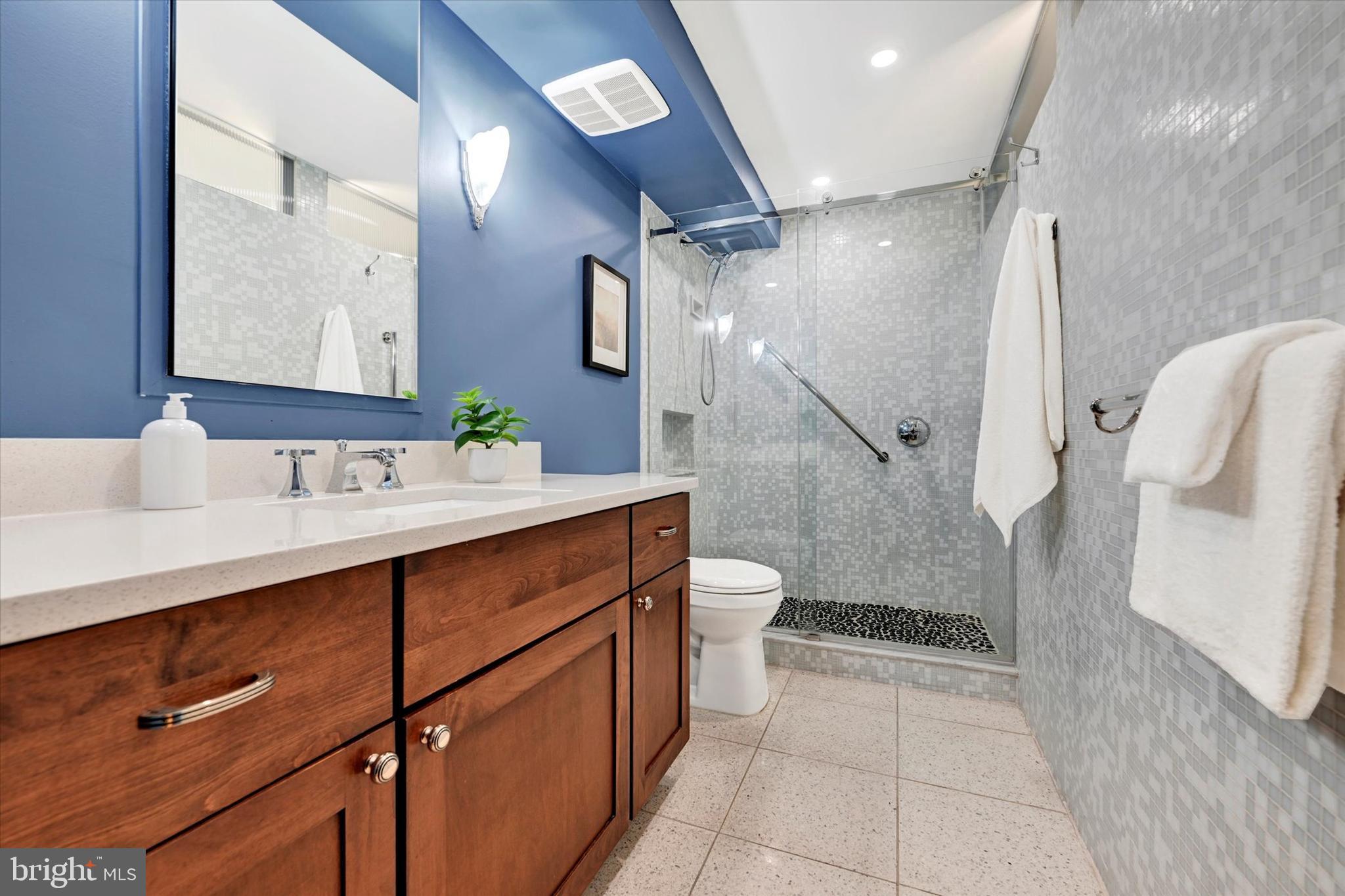 4100 North Charles Street, Unit 609 Baltimore, MD 21218 - Photo 21 of 36 a bathroom with a sink a toilet a mirror and shower