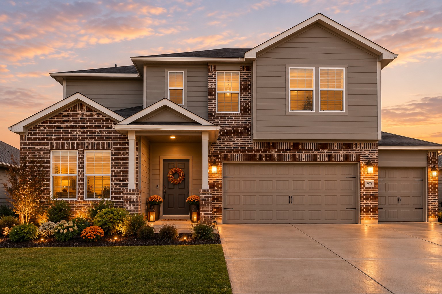 An inviting exterior balances classic brickwork with modern siding and integrated multi-car garage space.