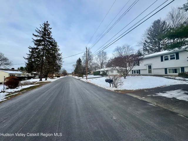 a view of a street with a large tree