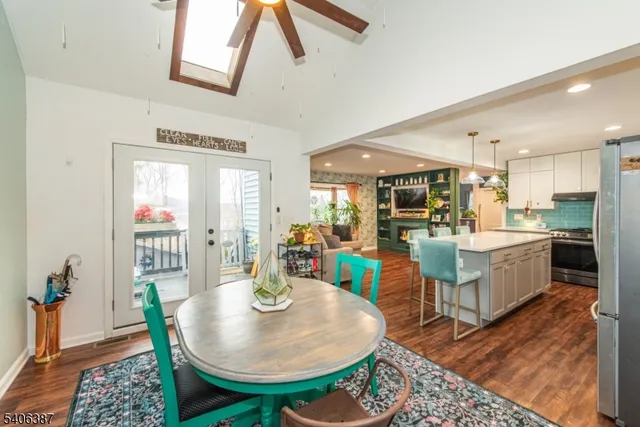 a view of a dining room with furniture