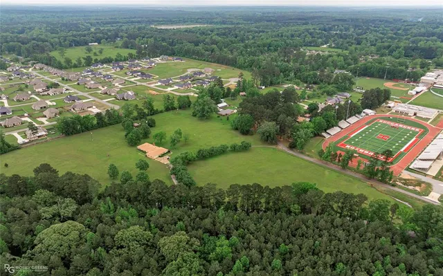 an aerial view of a houses with a lush green hillside