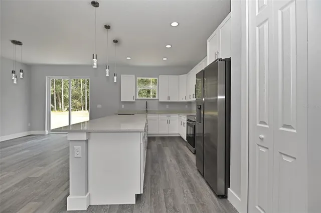 a kitchen with a refrigerator a sink and wooden floor