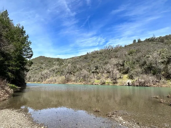 a view of a lake with a mountain in the background
