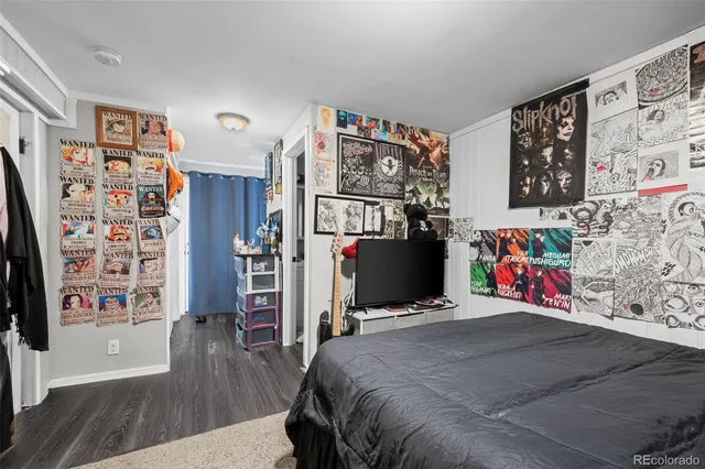 a bedroom with a bed and a walk in closet