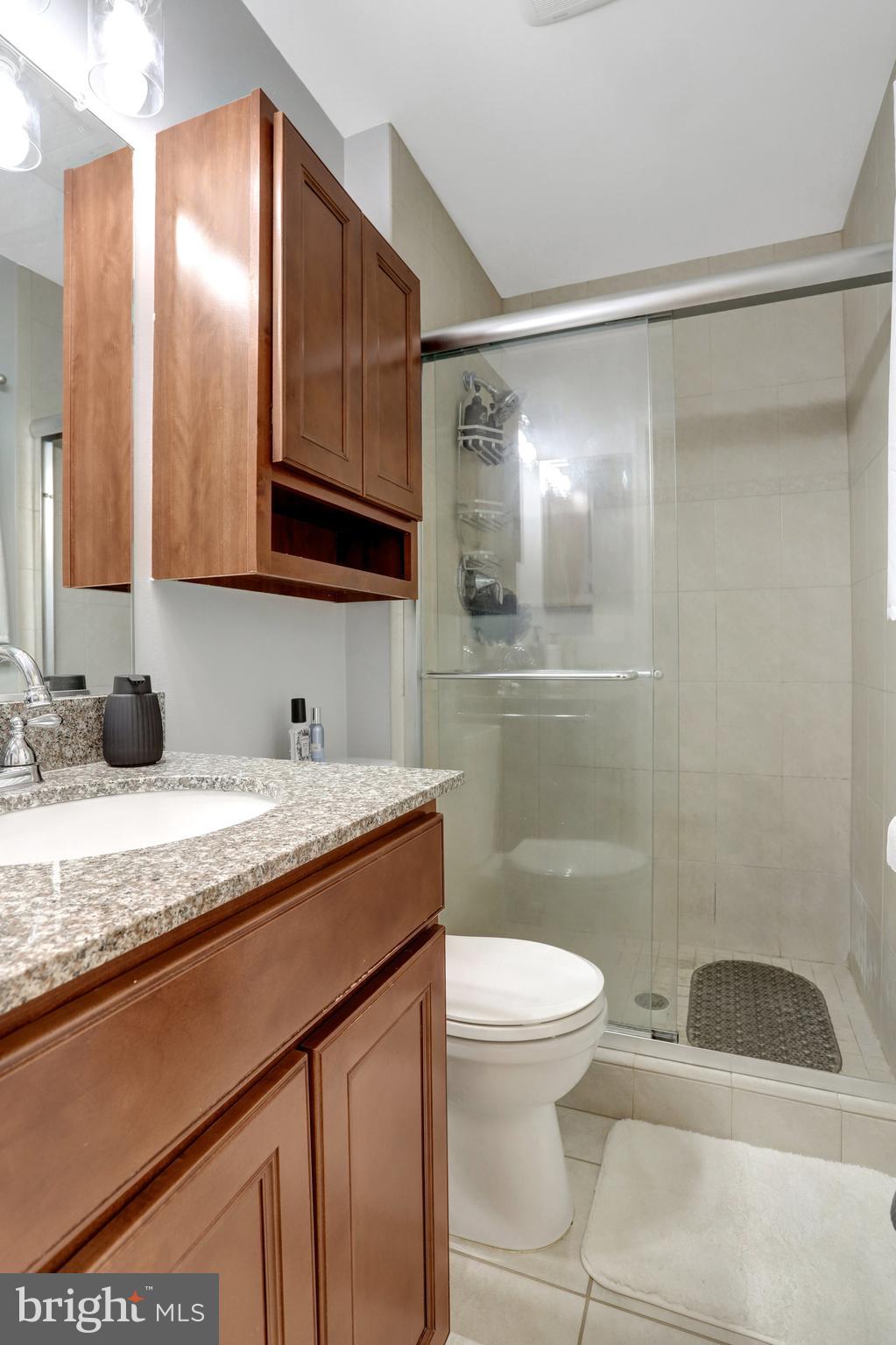 4518 Flintstone Road Alexandria, VA 22306 - Photo 26 of 62 a bathroom with a granite countertop sink a toilet and a shower
