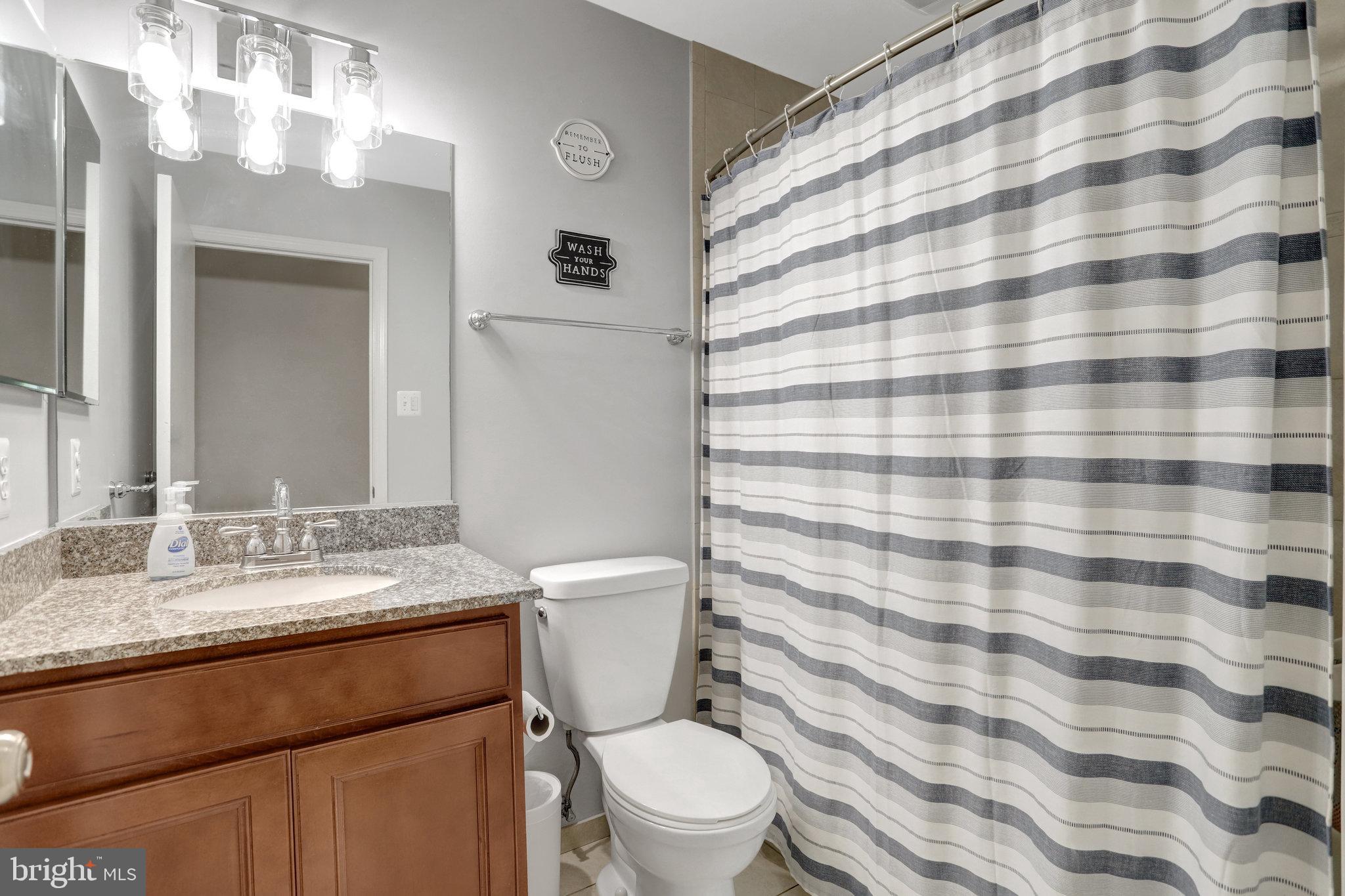 4518 Flintstone Road Alexandria, VA 22306 - Photo 36 of 62 a bathroom with a granite countertop sink a toilet and a mirror