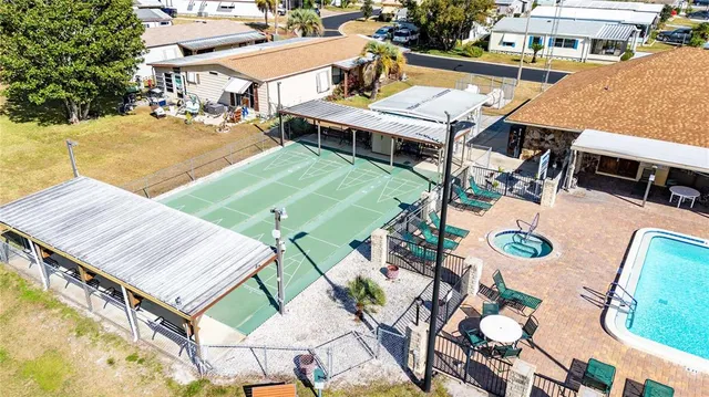 an aerial view of a house with a garden