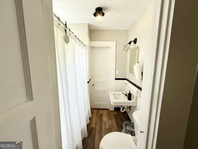 a bathroom with a sink a toilet and shower curtain