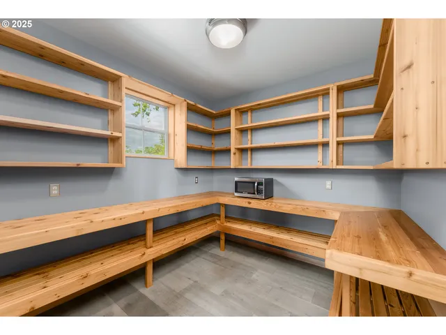 a storage room with cabinets