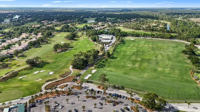 a view of a city with lush green forest