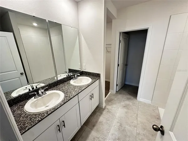 a bathroom with a sink double vanity and a mirror