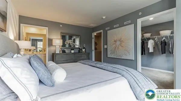 a bedroom with a bed and walk in closet