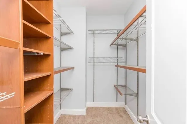 a view of walk in closet with empty racks