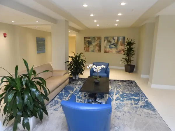 a living room with furniture and a potted plant