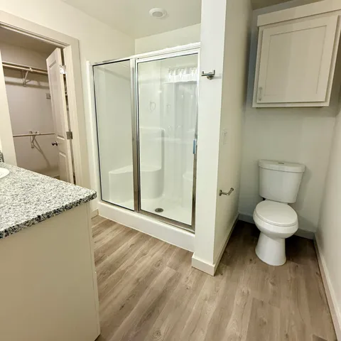 a bathroom with a granite countertop toilet sink and a mirror