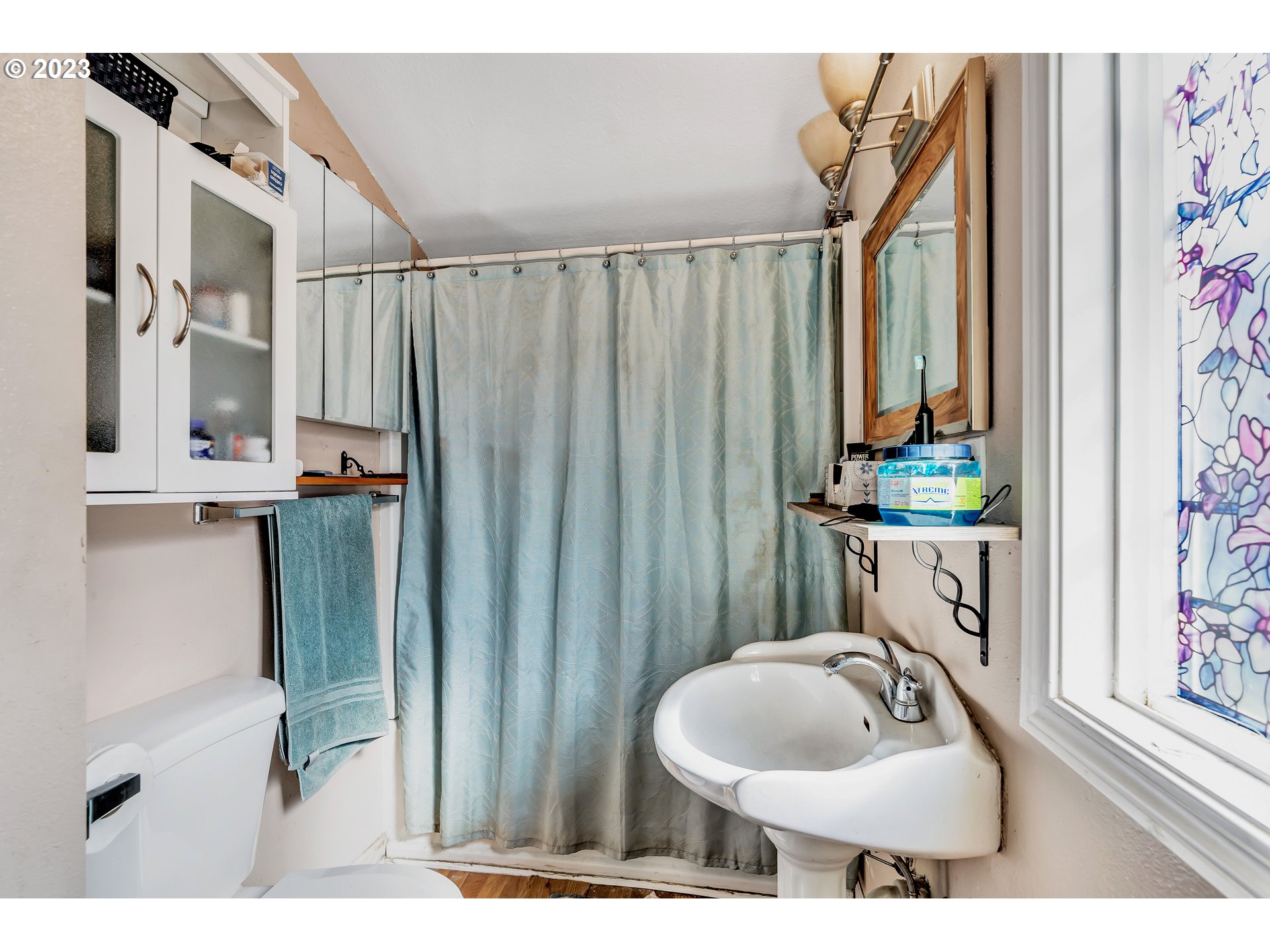 47431 Southeast Wagoneer Loop Sandy, OR 97055 - Photo 14 of 34 a bathroom with a sink a mirror and a shower curtain