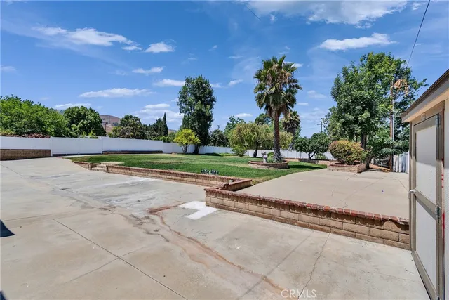 a view of a park with large trees