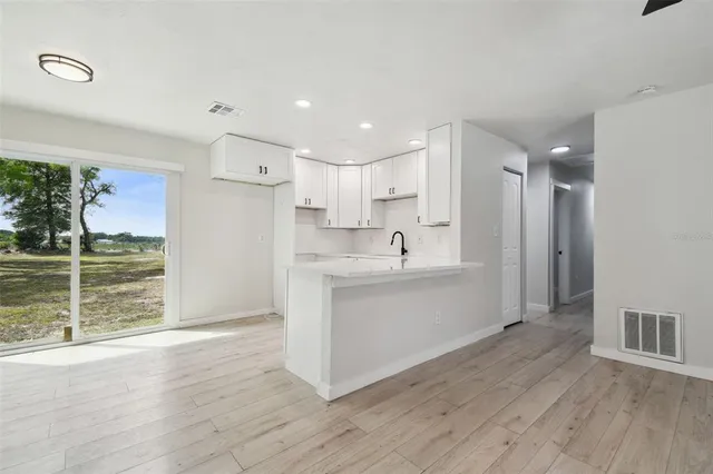 a kitchen with a sink cabinets and wooden floor