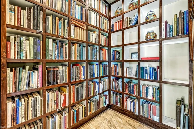 a book shelf with books in front of a book shelf