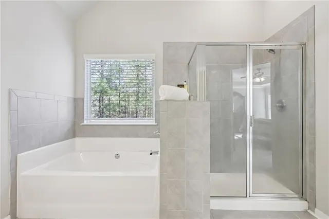 a bathroom with a bathtub and a shower