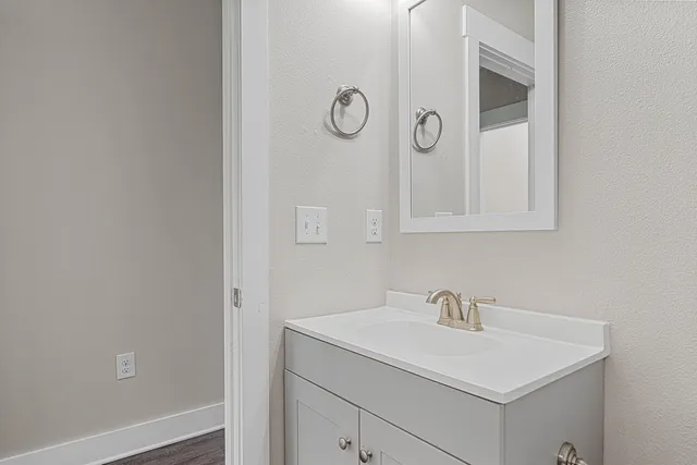 a bathroom with a sink and a mirror