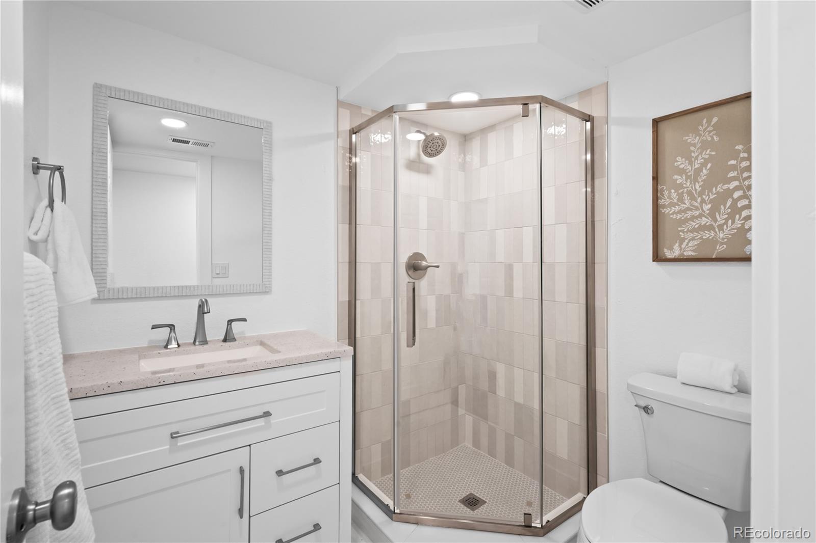 7921 Raleigh Street Westminster, CO 80030 - Photo 35 of 43 a bathroom with a shower sink vanity and mirror