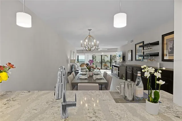 a view of a dining room with furniture