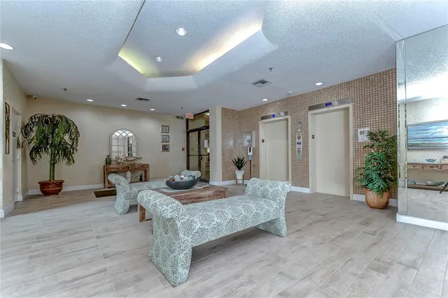 a living room with furniture and a potted plant