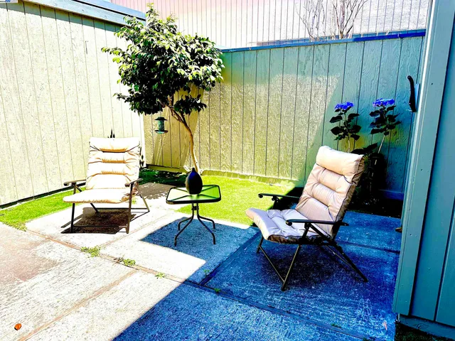 a view of a chairs and tables in patio with potted plants