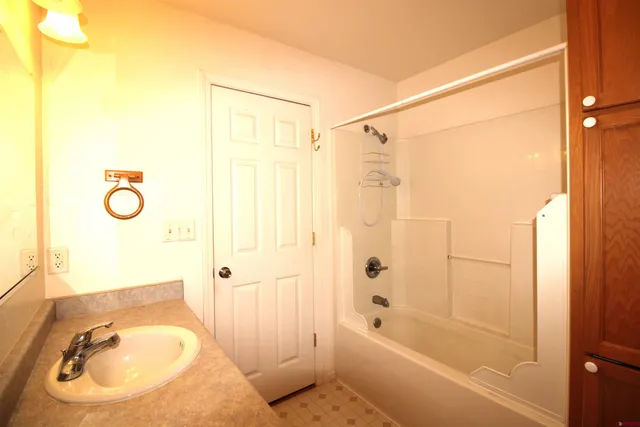 a bathroom with a sink and a shower