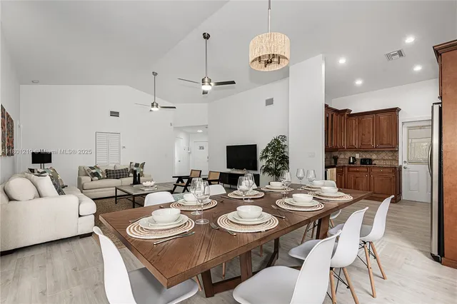 a view of a dining room with furniture