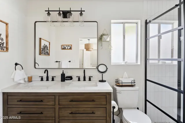 a bathroom with a sink a toilet and mirror