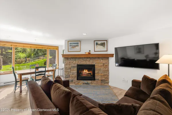 a living room with furniture a flat screen tv and a fireplace