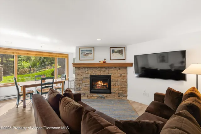 a living room with furniture a flat screen tv and a fireplace