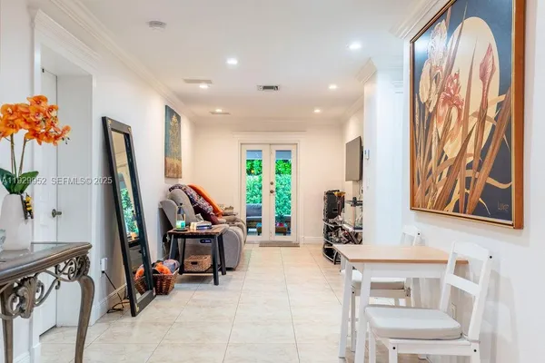 a view of a hallway with workspace