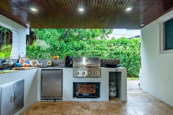 a kitchen with a stove and a potted plant