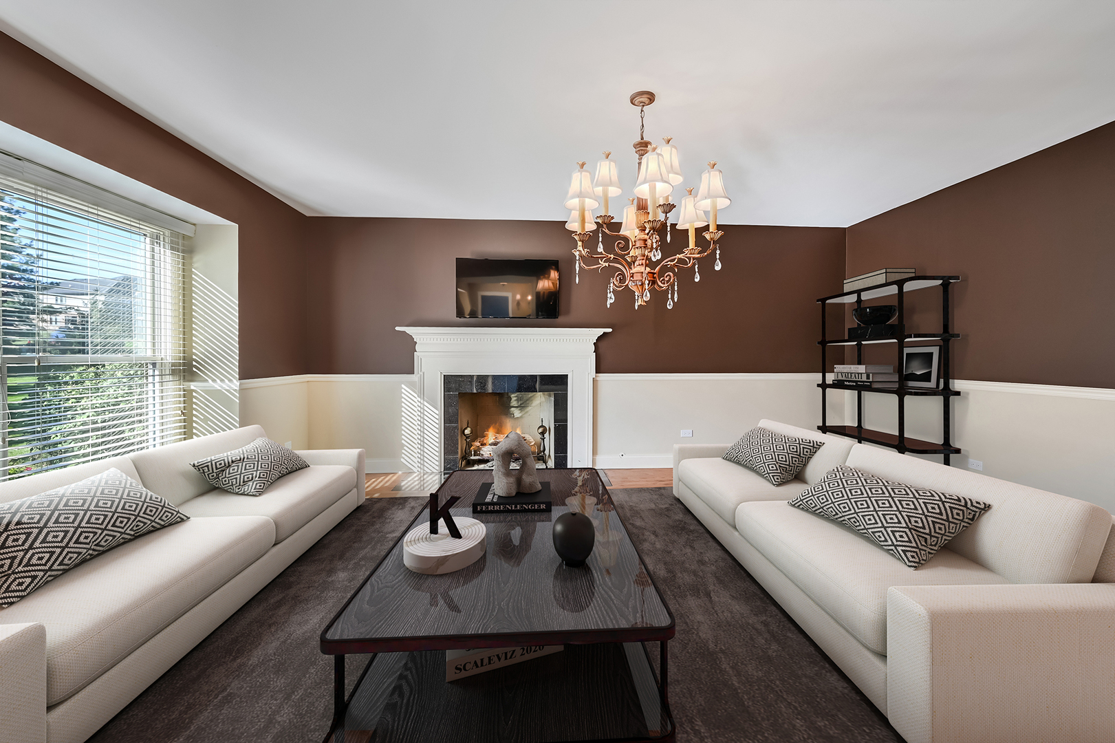 2 Carriage Lane Lemont, IL 60439 - Photo 5 of 44 a living room with furniture a chandelier and a fireplace