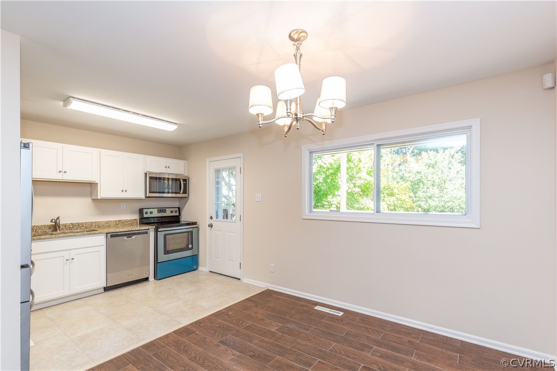 Kitchen and dinning area flow together.