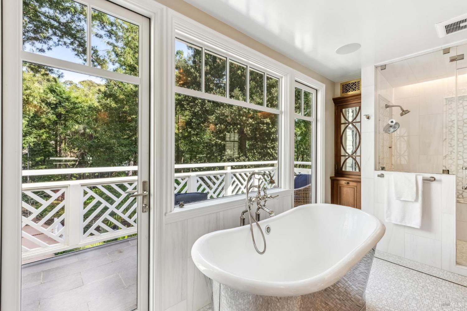 110 Mountain View Avenue San Rafael, CA 94901 - Photo 12 of 83 Primary bath soaking tub and steam shower with the private balcony.