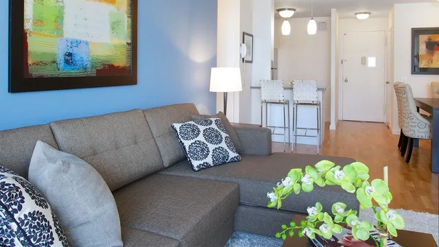 a living room with furniture flowerpot and a rug