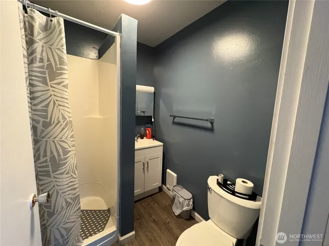 a bathroom with a toilet and shower curtain