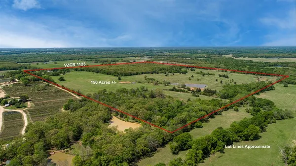 an aerial view of a houses with outdoor space and trees all around