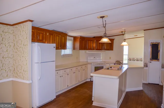 a kitchen that has a lot of cabinets and wooden floor