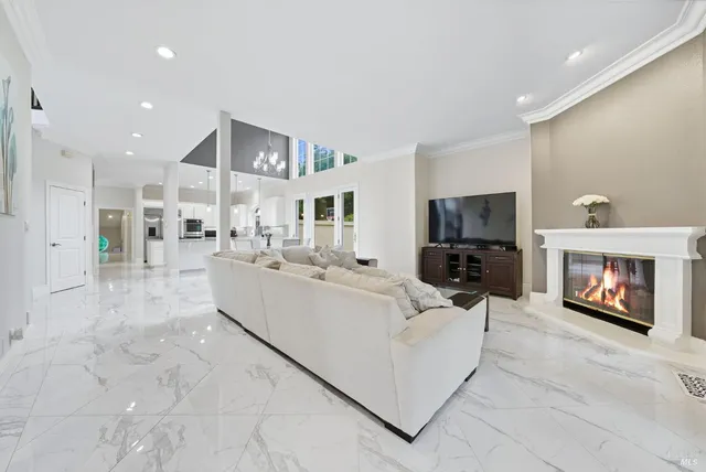 a view of a park with large trees